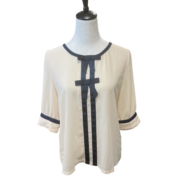 Comme Toi Tops - Comme Toi Cream and Navy Blue Sheer Back Button Top (L) EUC